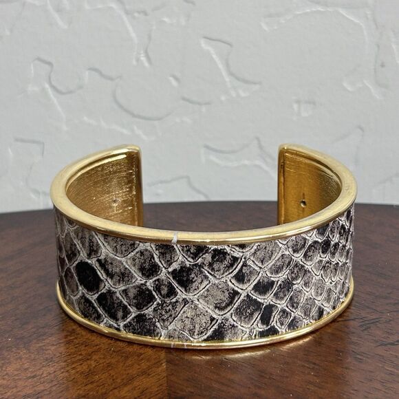 St. John Cuff Bracelet Black & Gray Snakeskin Gold Tone Statement Jewelry - Picture 1 of 10